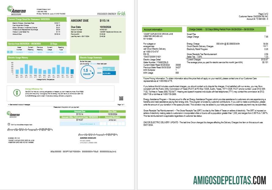 realista Modelo de conta de serviços públicos de eletricidade dos EUA Ameren Missouri em formatos Word e PDF (2 páginas)